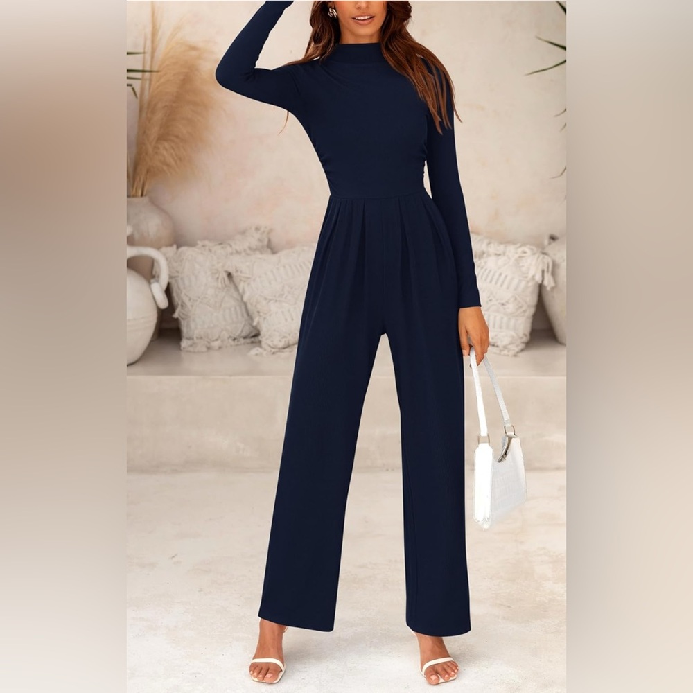 PRETTYGARDEN Jumpsuit Dressy Casual Spring Fall Fashion Mock Neck Wide Leg Pants